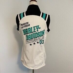 Harley Davidson Vintage Black Green Sleeveless Full Front Zip Top Blouse Size M